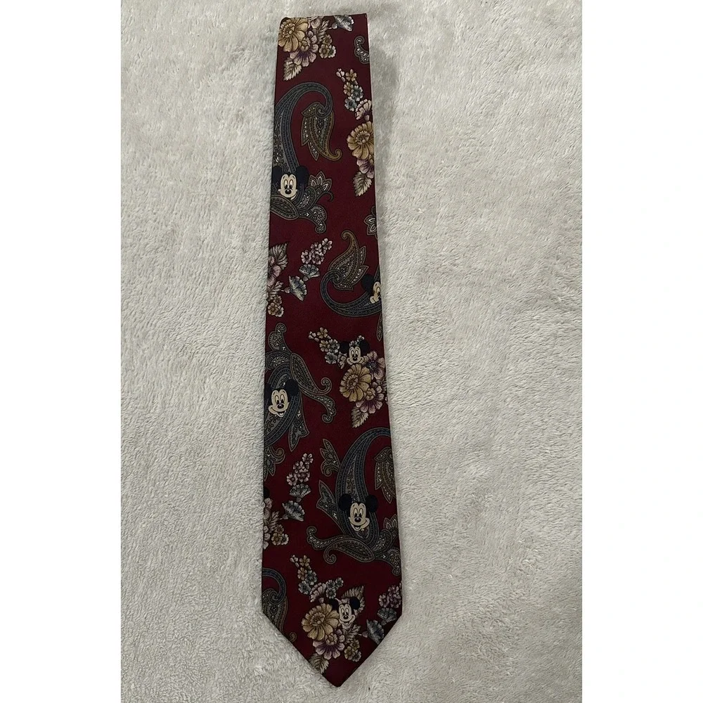 Vintage Walt Disney Men's Tie Mickey & Minnie Mouse Paisley & Floral Dark Red